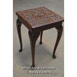 SMALL CARVED SIDE TABLE, WITH FLORAL DESIGN. 35.5 X 35 X 53CM