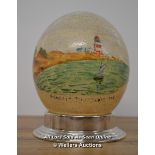 *OSTRICH EGG DEPICTING MOUILLE POINT, TABLE BAY, ON STERLING SILVER STAND [LQD215]