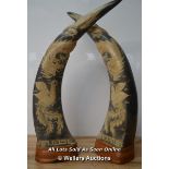 *TWO HANDCARVED BUFFALO HORNS17,5" ON WOODEN BASE WITH DRAGON AND PHOENIX BIRD [LQD215]