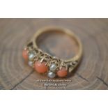 *9CT GOLD VICTORIAN STYLE RING SET WITH CORAL AND PEARLS SIZE K 1/2 [LQD214]