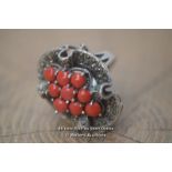 *SILVER 925 CORAL & MARCASITE LADIES BIG RING [LQD215]