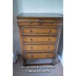 ANTIQUE OAK CHEST OF SIX DRAWERS WITH BRASS FINIALS, 83 X 121 X 48CM