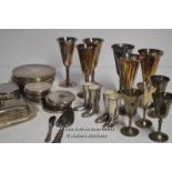 QAUNTITY OF DECORATIVE METAL WARE TO INCLUDE, GOBLETS, PLACE MATS, BUTTER DISH AND MINIATURE BOOTS