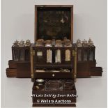 *MAHOGANY FITTED APOTHECARY CHEST CABINET COMPLETE WITH BOTTLES ETC, 20 X 22.5 X 20CM WHEN CLOSED,