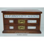 *MAHOGANY COUNTER TOP TURNEYS NEEDLE BOX HABERDASHERY / 48 X 27 X 33CM [LQD215]