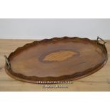 *EDWARDIAN OVAL MAHOGANY GALLERY TRAY WITH INLAY AND BRASS HANDLES [LQD215]