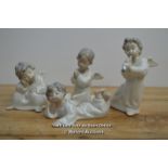 FOUR LLADRO ANGEL FIGURINES,TALLEST 17CM HIGH, DAMAGE TO THE FLUTE ON ONE FIGURE