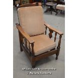 ANTIQUE HAND BUILT SOLID ENGLISH OAK FAMILY CHAIR WITH ADJUSTABLE BACK, SEAT 26 CM HIGH, BACK 92CM