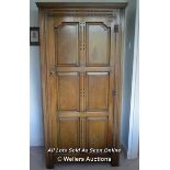 ANTIQUE OAK WARDROBE WITH BRASS FINIALS, 182CM HIGH, 90.5CM WIDE, 54CM DEEP