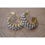 *GOLD FILLED TRIPLE ROW SEED PEARL " C " SHAPE HOOP STUD EARRINGS 2 CM [LQD215]