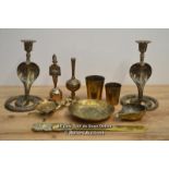 TEN DECORATIVE BRASS ITEMS INCLUDING COBRA CANDLESTICKS, STATUE, CUPS AND DISHES
