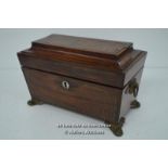 *REGENCY ROSEWOOD SARCOPHAGUS SHAPE TEA CADDY WITH BRASS INLAY / WITHOUT KEY [LQD215]