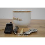 *FOUR VINTAGE WHISTLES AND "THINK OF ME" CUP [LQD215]