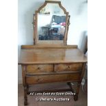 ANTIQUE OAK THREE DRAW DRESSING TABLE WITH MIRROR AND BRASS FINIALS, 76 X 91.5 X TABLE TOP TO THE