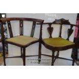 *2 X VICTORIAN MAHOGANY INLAID CORNER CHAIRS / 73CM HIGH AND 71CM HIGH [LQD215]