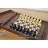 *BOXED TRAVELLING MINIATURE CHESS SET, BONE AND EBONY [LQD215]