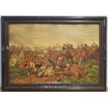 A 19TH CENTURY ANTIQUE COLOUR LITHOGRAPH PRINT 'BATTLE OF WATERLOO' FRAMED, NOT GLAZED, SOME