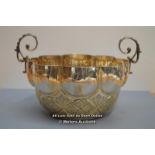 DECORATIVE TWIN HANDLED SILVER BOWL WITH INSCRIPTION, 19CM WIDE, 10CM HIGH