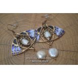 *ART NOUVEAU VINTAGE STYLE REAL PEARL CHARM TALISMAN EVIL EYE EARRINGS [LQD215]