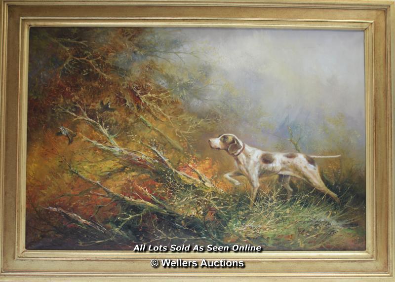 EUGENE KINGMAN (AMERICAN 1909-1975) 'POINTER DOG FLUSHING OUT A GAME BIRD, OIL ON CANVAS, SIGNED