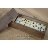 *DOMINO SET BLACK WOOD AND BONE. C1880 WITH BRASS PIN RIVETS [LQD215]