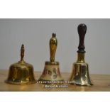 THREE ASSORTED BRASS BELLS, TALLEST 19CM HIGH