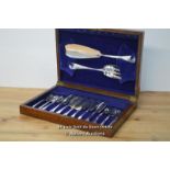 *FISH CUTLERY BY HARRISON BROTHERS AND HAWSON IN MAHOGANY BOX WITH KEY [LQD215]