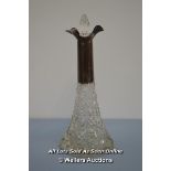 SMALL SILVER TOPPED CUT GLASS DECANTER OR PERFUME BOTTLE, 21CM HIGH