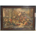A 19TH CENTURY ANTIQUE COLOUR LITHOGRAPH PRINT ' BATTLE OF TRAFALGAR ; THE DEATH OF NELSON .' FRAMED