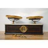 *FRENCH PORTER COUNTER SCALES MARBLE TOP MAHOGANY CASE WITH WEIGHTS / GLASS ON THE FRONT DAMAGED [