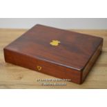 *LATE VICTORIAN MAHOGANY CUTLERY BOX WITH BRASS CARTOUCHE, CIRCA 1900 [LQD215]