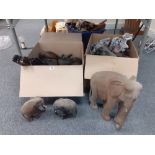 2 BOXES OF CARVED ELEPHANTS