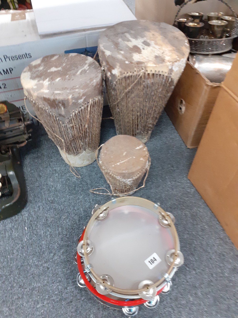 3 BONGO DRUMS, TAMBORINES ETC