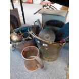 LARGE COPPER PAN, MUG, BELLOWS ETC