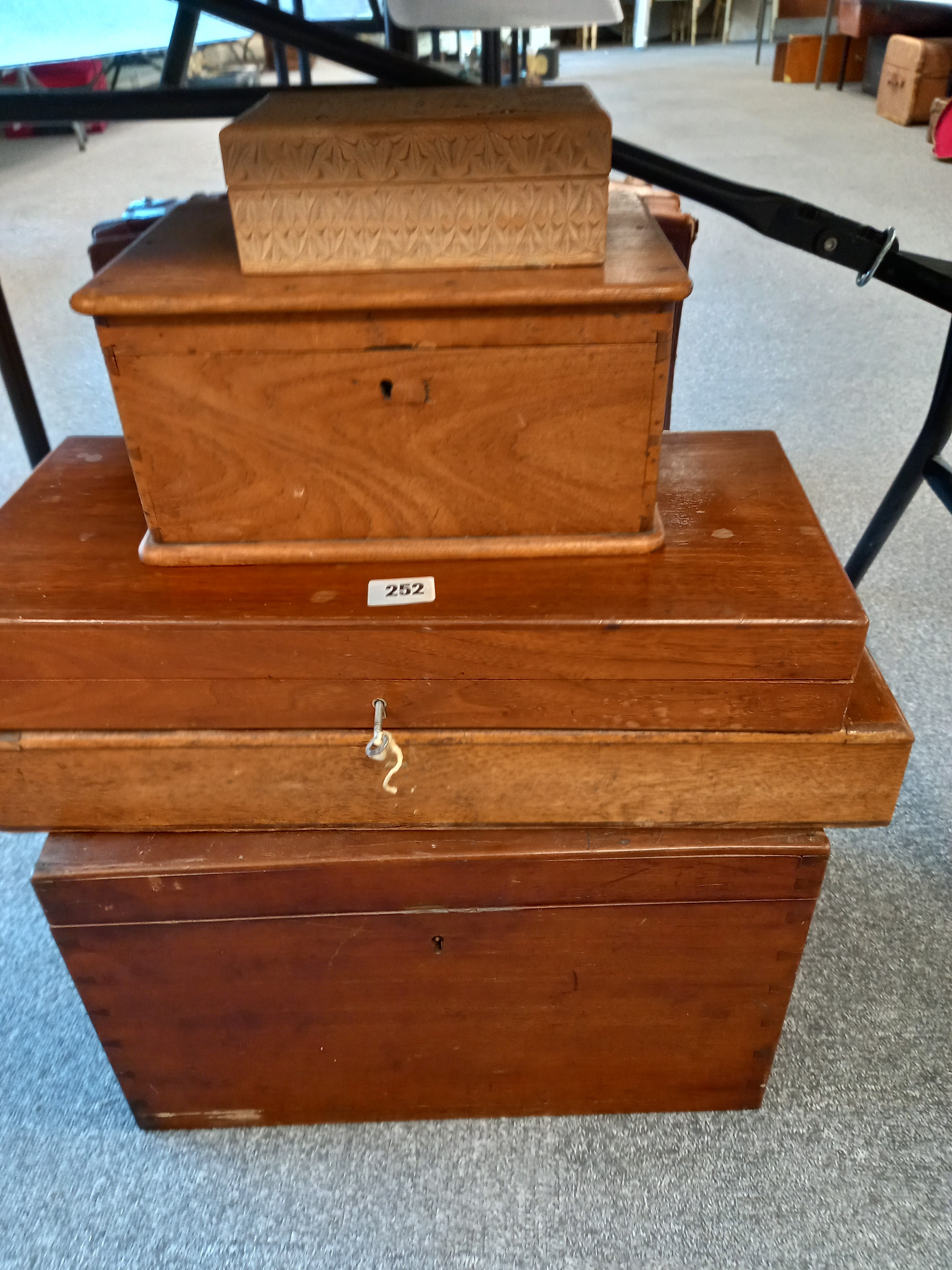 MAHOGANY CUTLERY BOX, OAK STATIONARY BOX