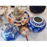 2 IMARI PLATES, GINGER JAR, TEAPOT ETC