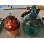 POTTERY JAR, LARGE GLASS BOTTLE