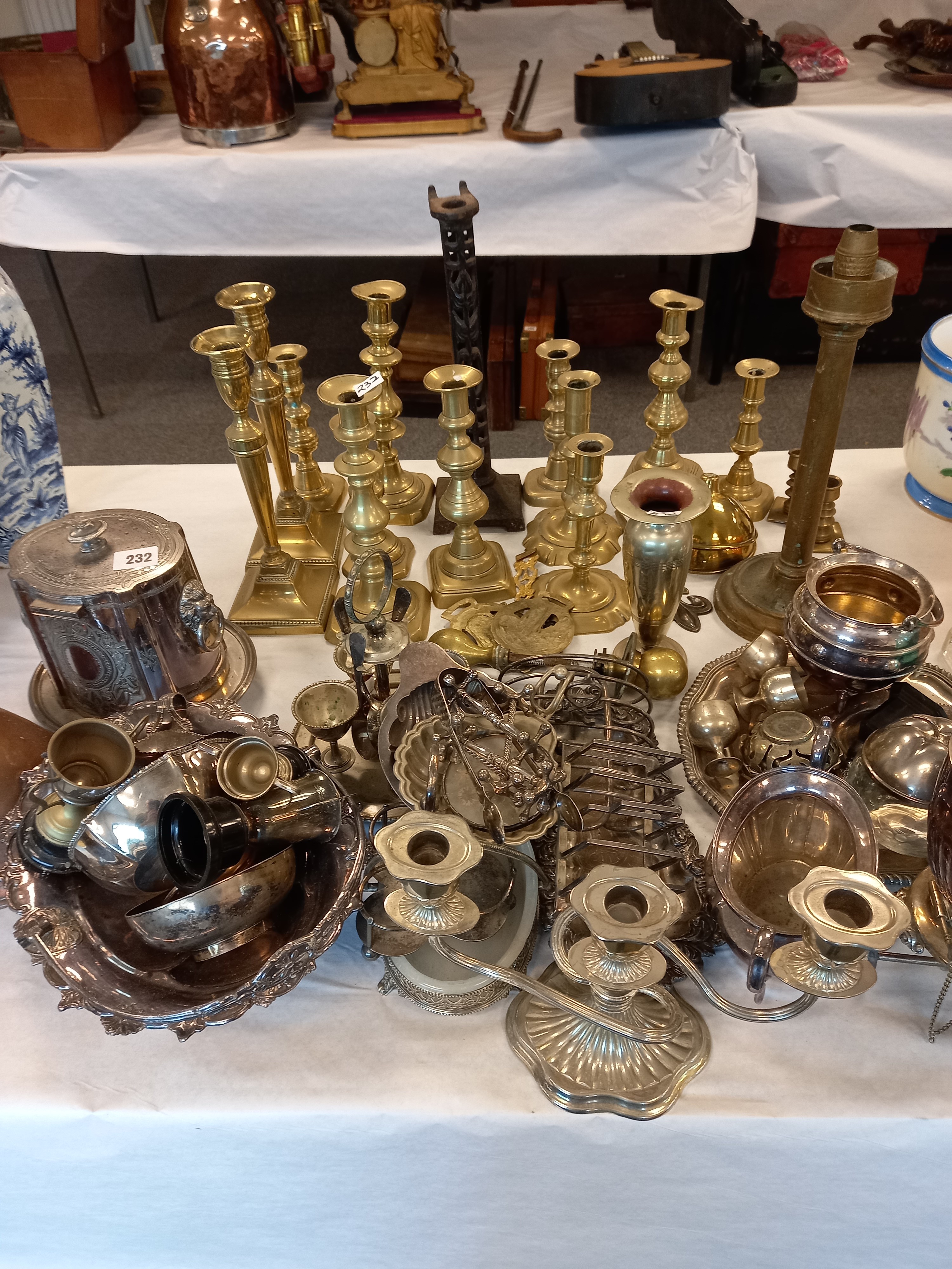 QUANTITY OF SILVER PLATE, BRASSWARE ETC