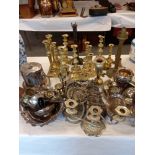 QUANTITY OF SILVER PLATE, BRASSWARE ETC