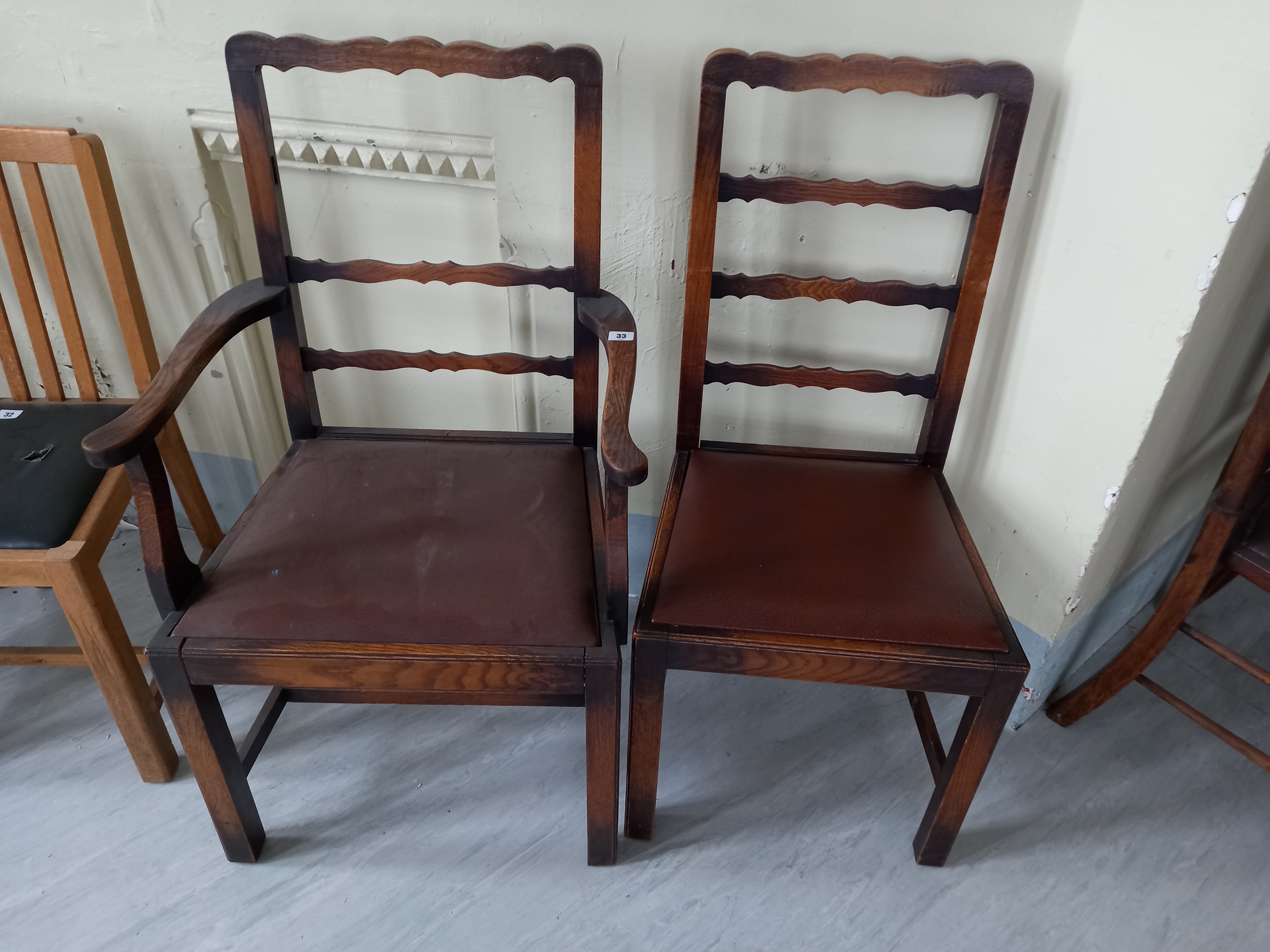 Two 1930s oak drop seated chairs A/F