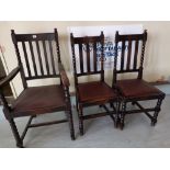 Three 1930s oak bobbin turned chairs