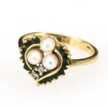 Ring mit Zuchtperlen, Brillanten und grünen Steinen