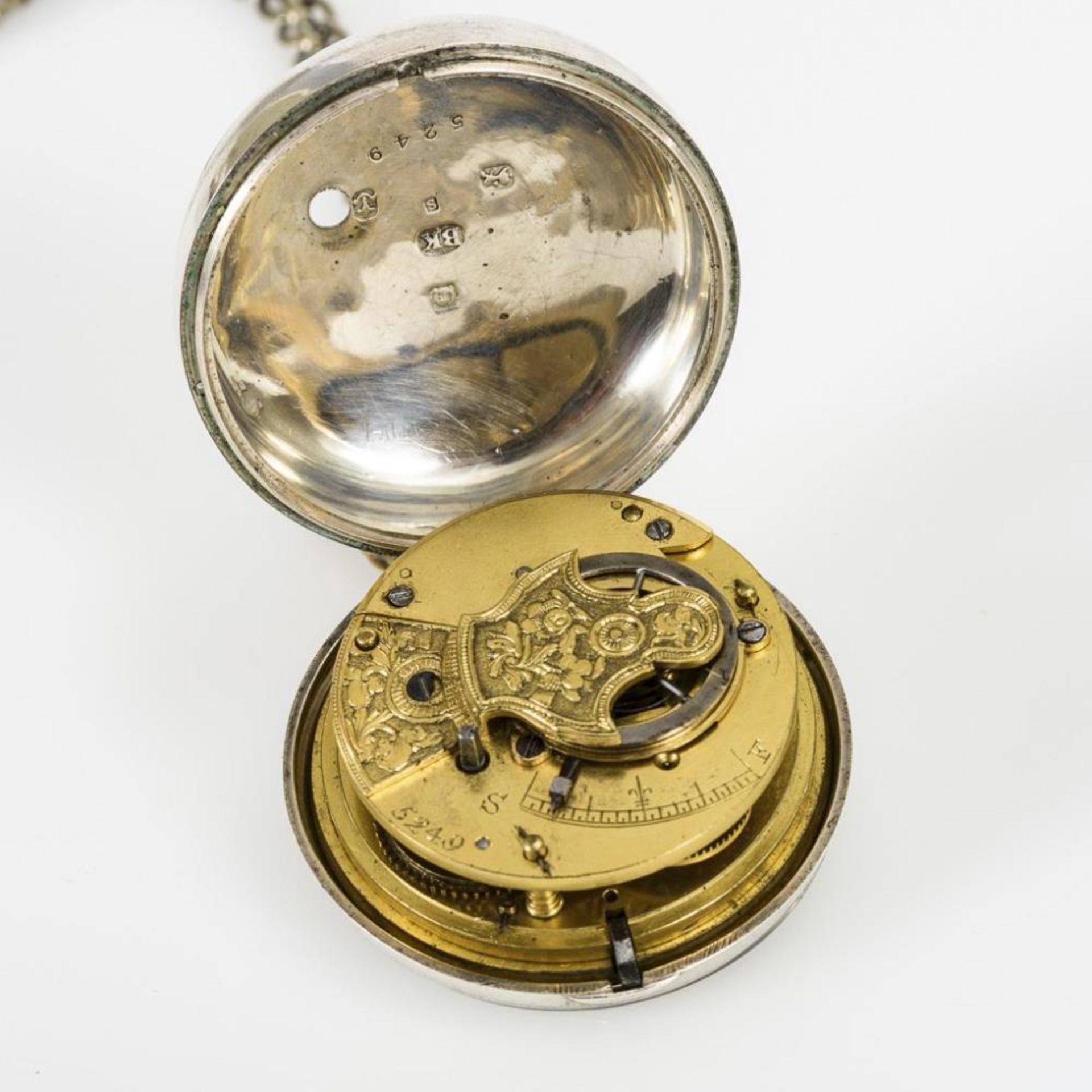 Große silberne Taschenuhr mit Uhrenkette - Bild 3 aus 4