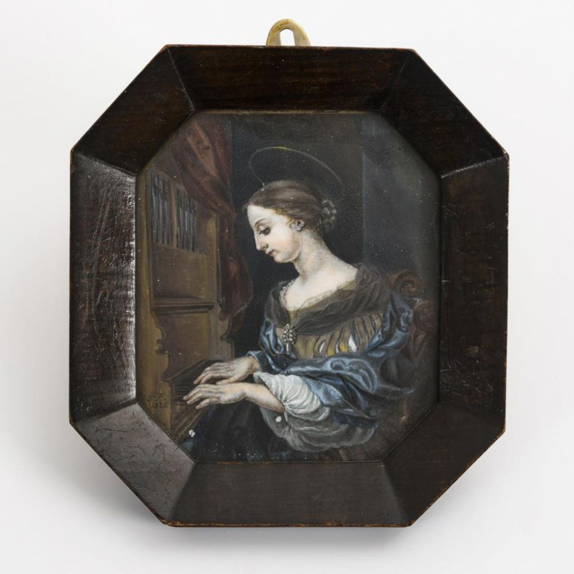 Miniatur: Heilige Cäcilia beim Orgelspiel