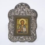 Miniatur-Ikone im Rahmen mit Silber-Oklad: Christus Pantokrator