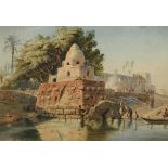 Orientmaler: Tempelanlage am Nilufer mit Staffage
