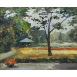 Undeutlich signiert: Impressionistische Parklandschaft mit Pavillon