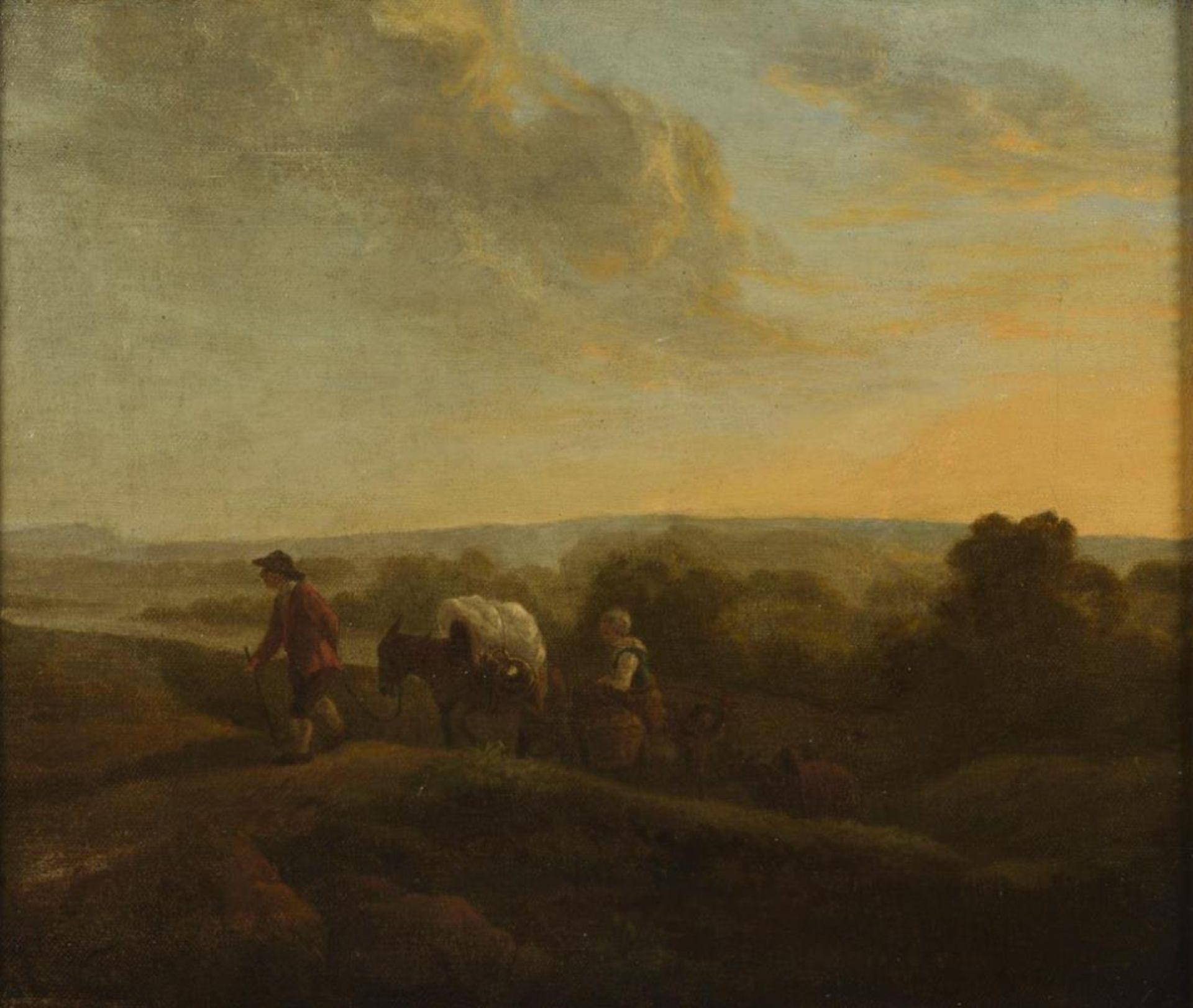 Barocker Maler: Bauernfamilie in abendlicher Landschaft