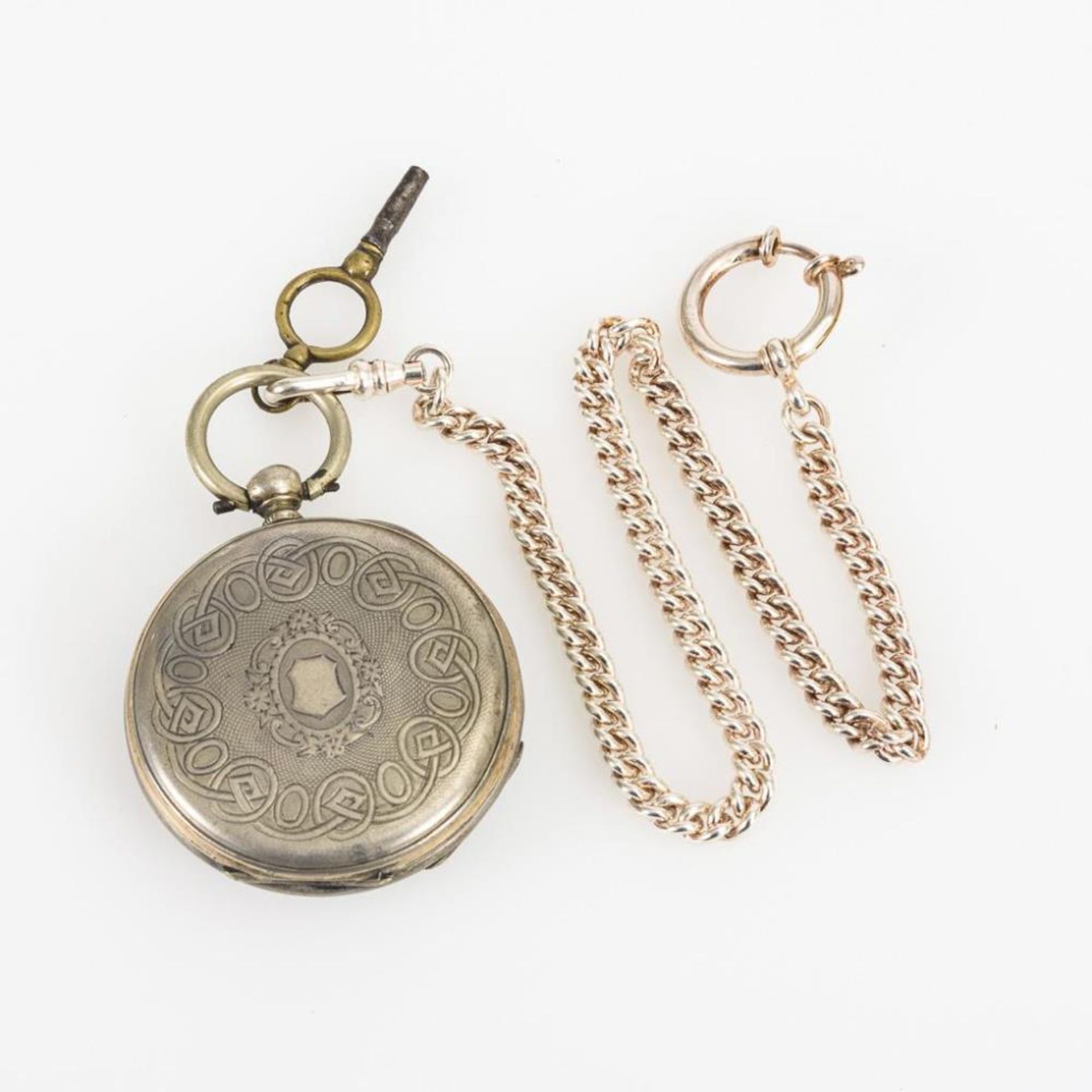 Silberne Taschenuhr an silberner Uhrenkette. - Bild 2 aus 3