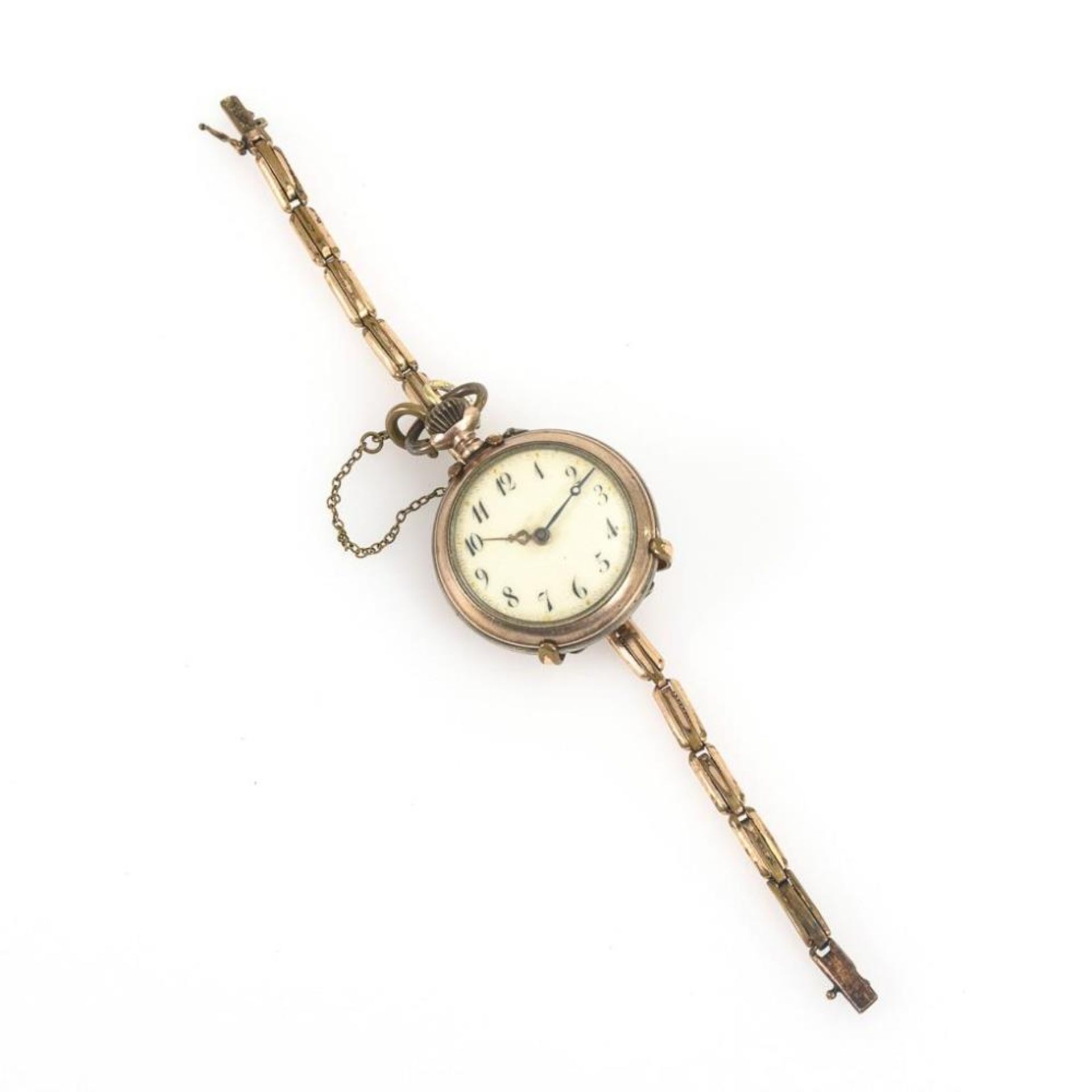 Silberne Damentaschenuhr an Doublé-Armband.